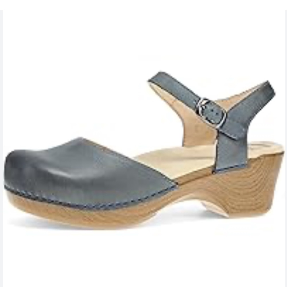 Dansko Blue-Gray Leather Mules with Tan Heel